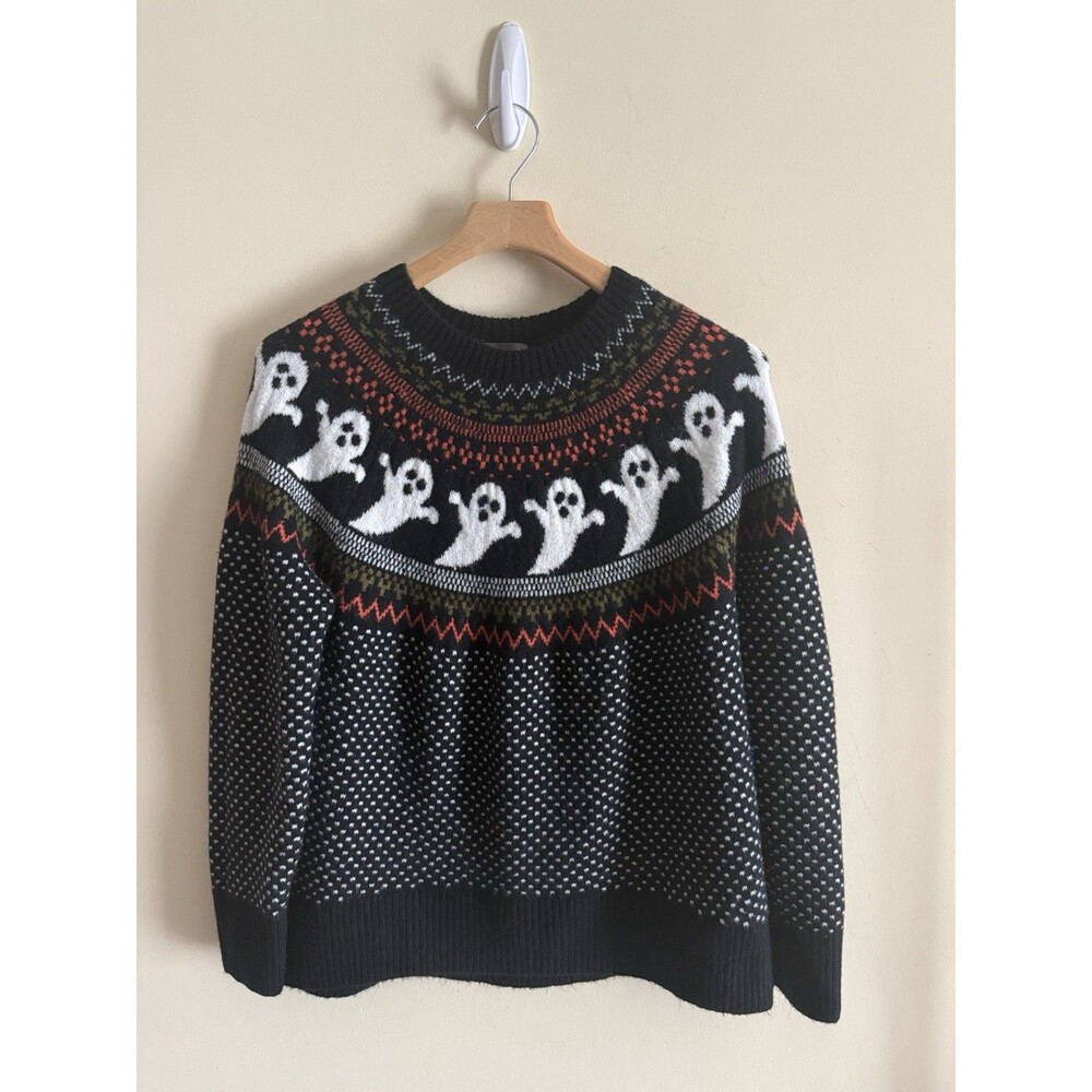 Vince Camuto Halloween Ghost Fair Isle Knit Crew Neck Pullover Sweater Medium